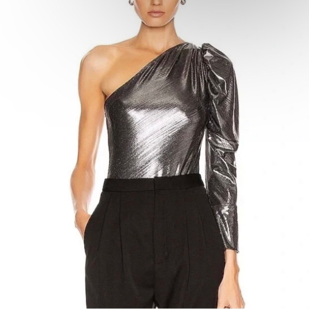 Alix NYC one shoulder Silver Metallic lame bodysuit Size Small Long Puff Sleeve